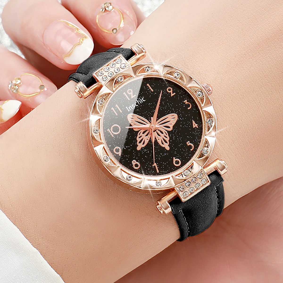 2PCs/Set Women Butterfly Dial Watch Black Pink Color Leather Strap Quartz Watch