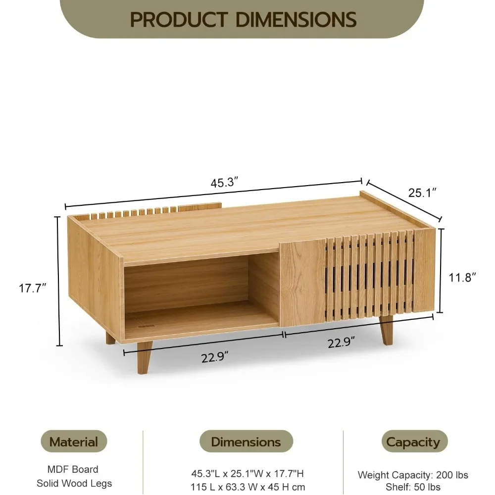 Fluted Coffee Table, Mid Century Modern Center Coffee Table with Cabinet Doors, Modern Farmhouse Coffee Table for Living Room 2