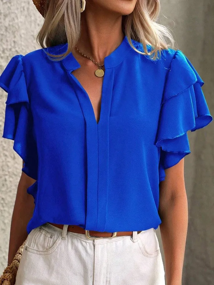 Women\'s Shirt Summer Fashion V-neck Ruffle Short Sleeved Pullover New Office Lady Casual Blouse Women Tops Boho Female Clothing