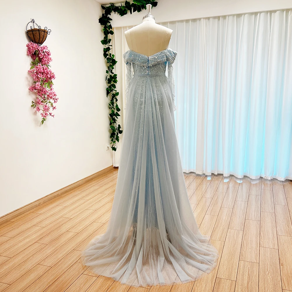 Sb223e8a2925a4b3e94d7f16144044270E Elegant Sky Blue Mermaid Pearls Evening Dress for Women Long Sleeves with Detachable Train Formal Prom Wedding Party Gowns Mallzona