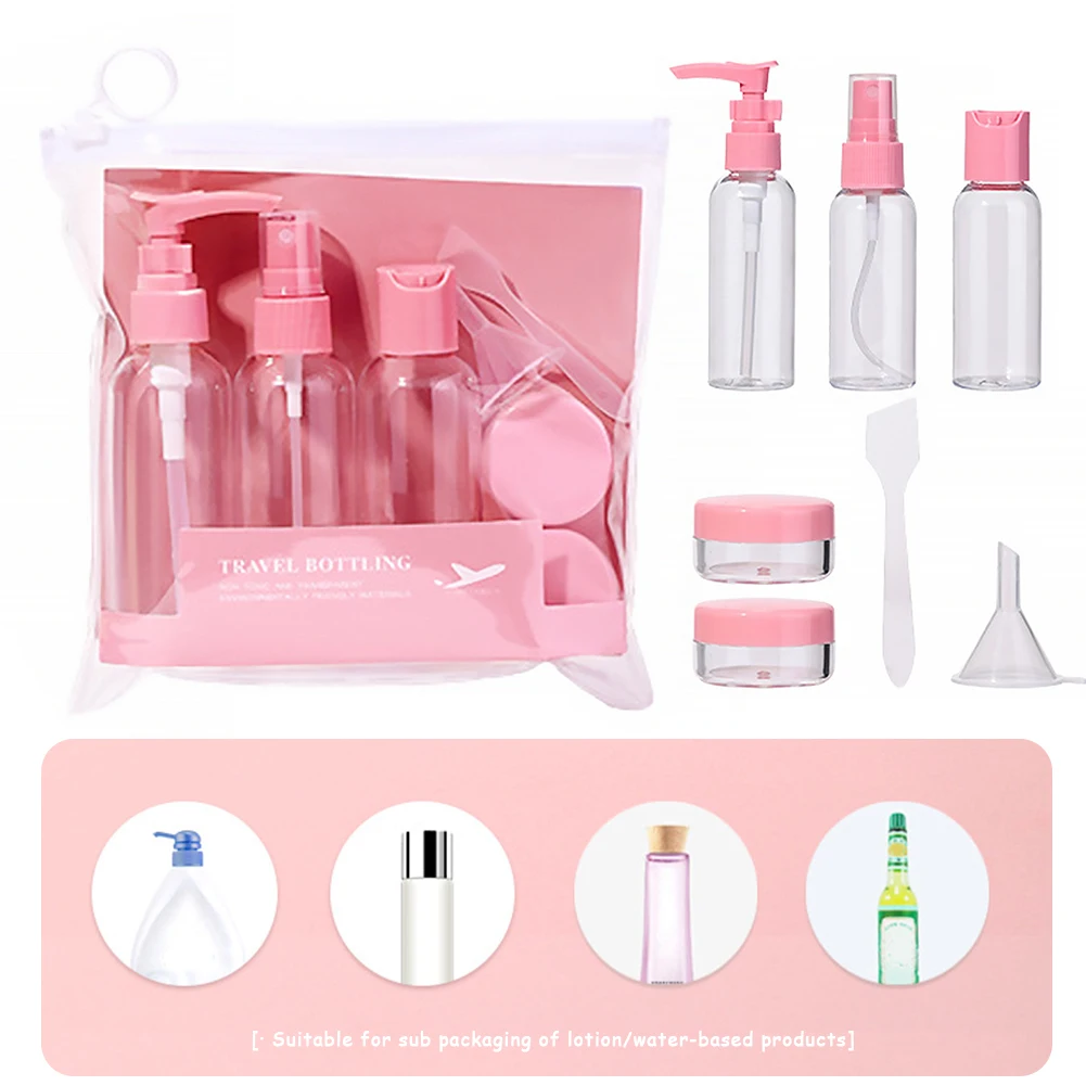 세면 용품 가방이 있는 여행용 크기의 용기, 빈 펌프 병, 샴푸 컨디셔너 로션 세면 용품, 디펜서 스프레이 병, 5 개