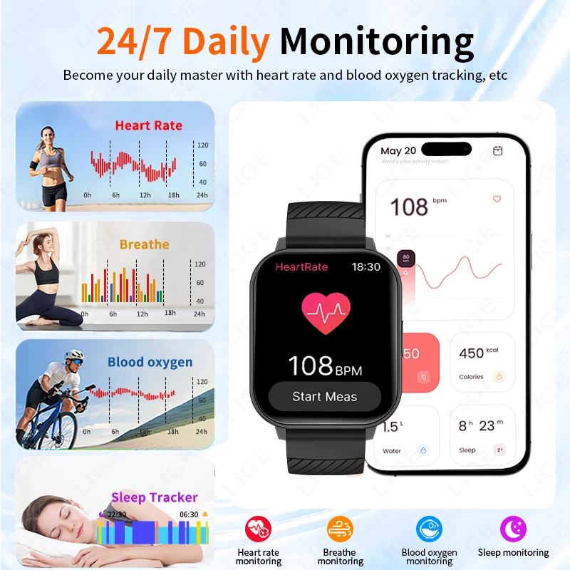 LIGE 1.83" Sports Smart Watch Fitness Clock Health Monitor Waterproof Smartwatch Wireless Call Watches For Men Women Android IOS