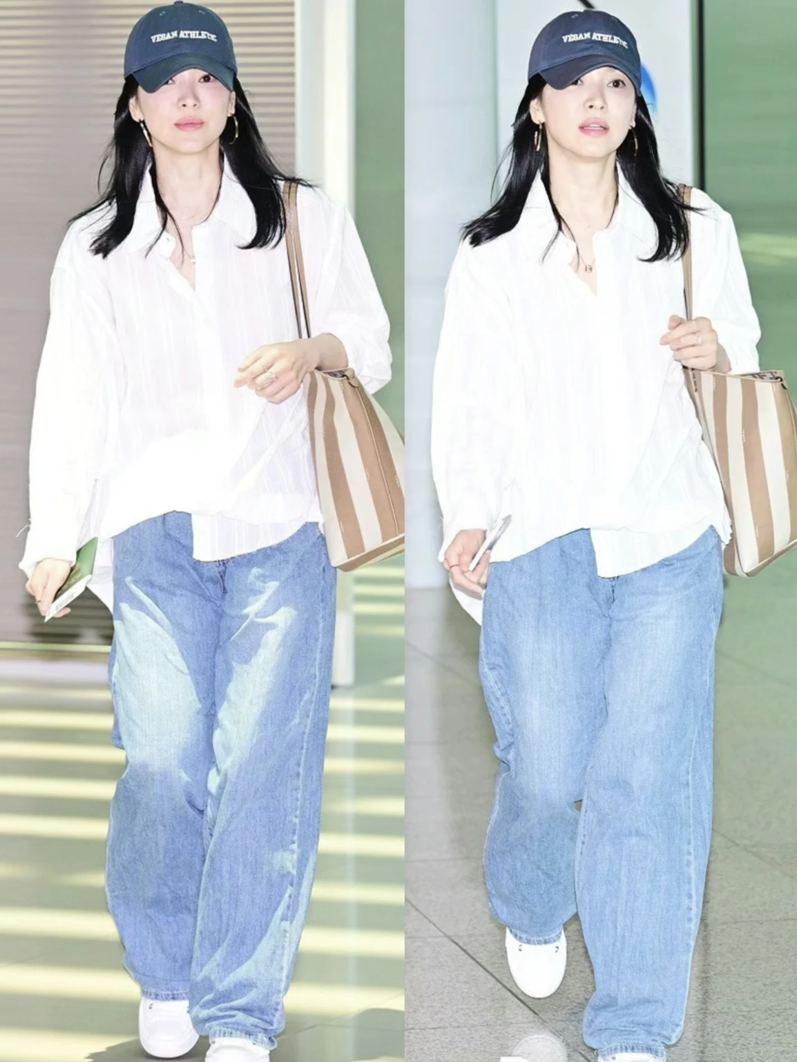 Song Hye-kyo 공항 패션에서 영감을 받은 베이지 운동 야구모자