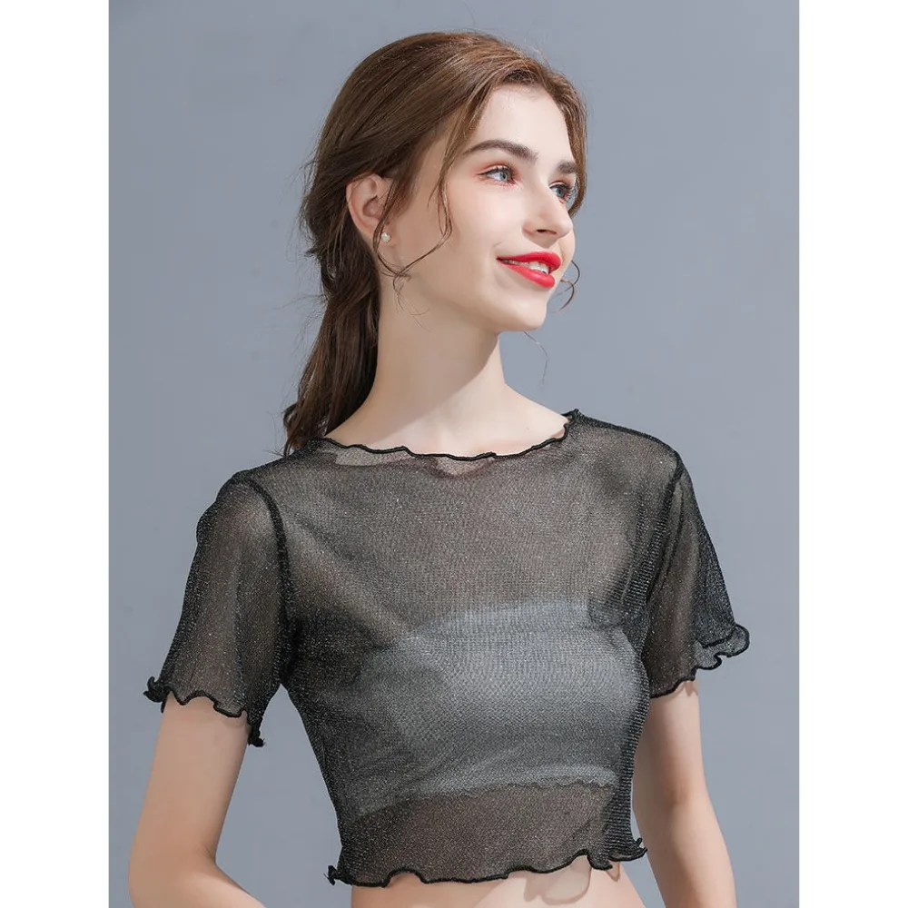 Women Silk Lining Short Base Shirt Half Cut Fresh Mesh Top