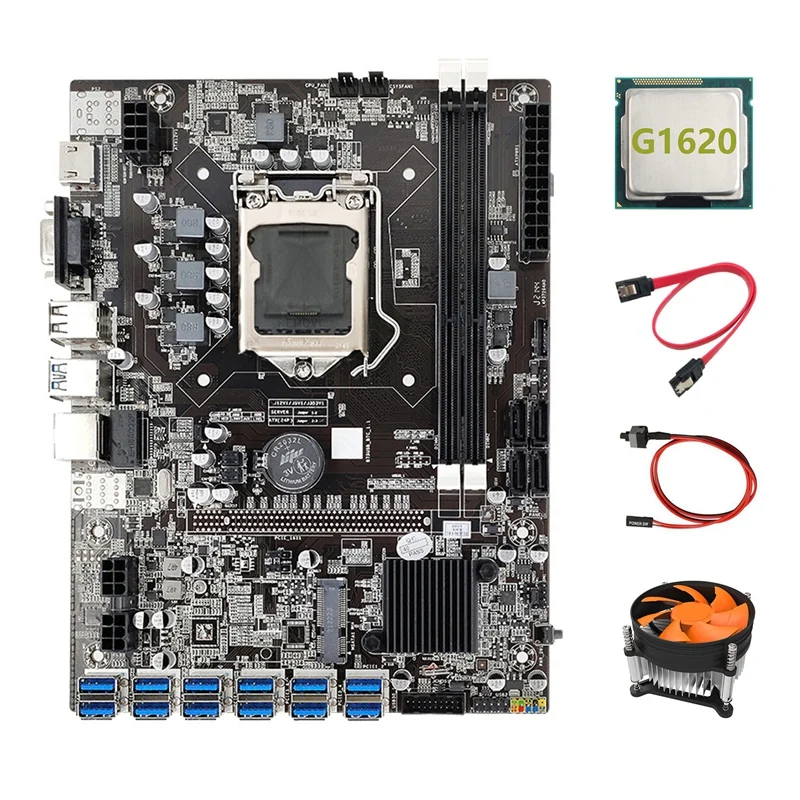 B75 ETH Mining Motherboard 12 PCIE to USB+G1620 CPU+Cooling Fan+Switch Cable+SATA Cable DDR3 MSATA LGA1155 Motherboard best budget gaming pc motherboard