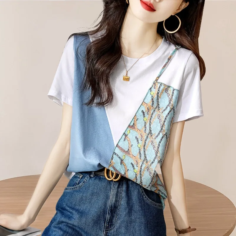 

2024 New Temperament Printed Women's Summer Round Neck Commuting Elegant Montage Short Sleeved Loose Fake Two Pieces T-shirt Top