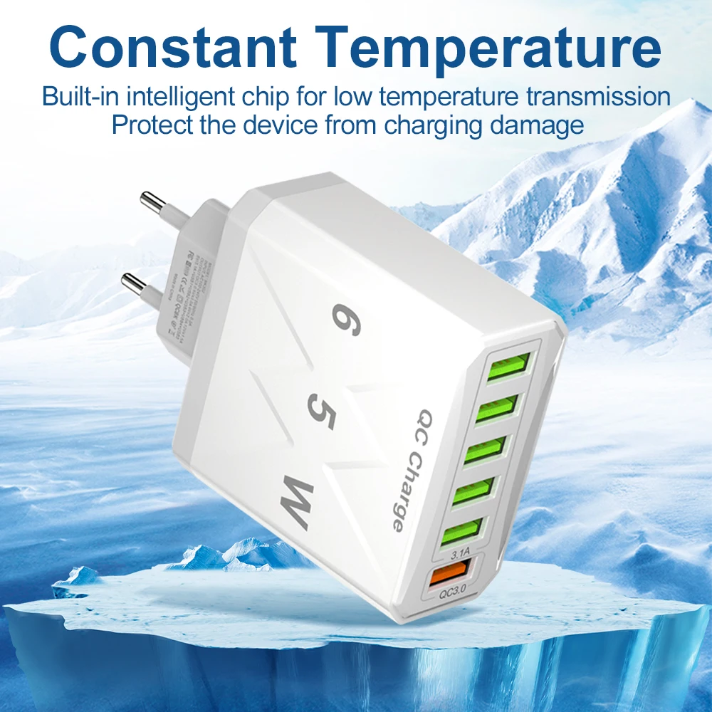 Vumpach 6-Port USB Korean Plug QC 3.0 Fast Charger Adapter