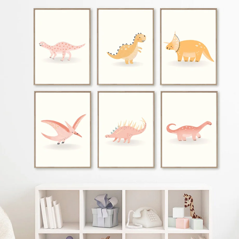 Pink Dinosaur Nursery Wall Art Cartoon Tyrannosaurus Canvas Painting