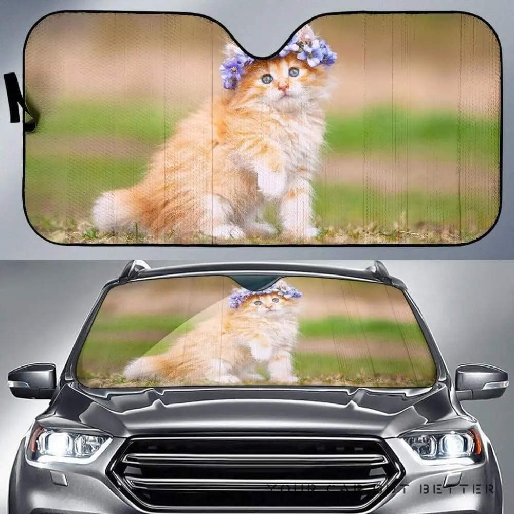 

Adorable Kitten Wearing Purple Wreath Sitting On Grass Image Car Sunshade, Cute Cat Kitten Wearing Purple Wreath Image Auto Sun