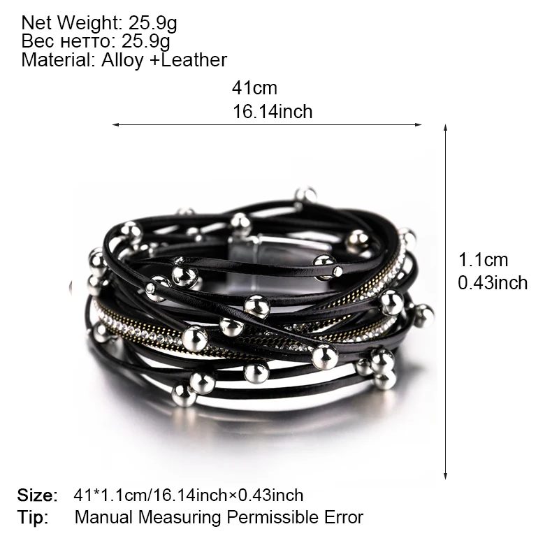 Amorcome Multilayer Metal Beads Charm Leather Bracelets for Women Trendy Design Double Wrap Bracelets & Bangles Jewelry