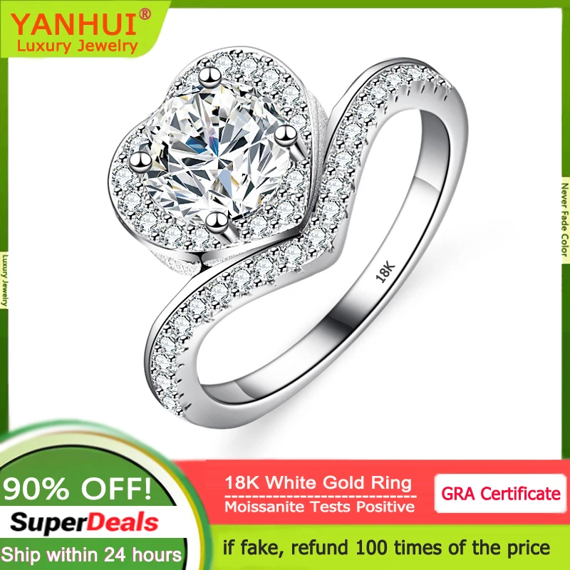 YANHUI With Credentials 18K White Gold Ring Luxury VVS 1 Carat Moissanite Diamond Rings For Women Wedding Band Fine Jewelry Gift 24 carat white gold