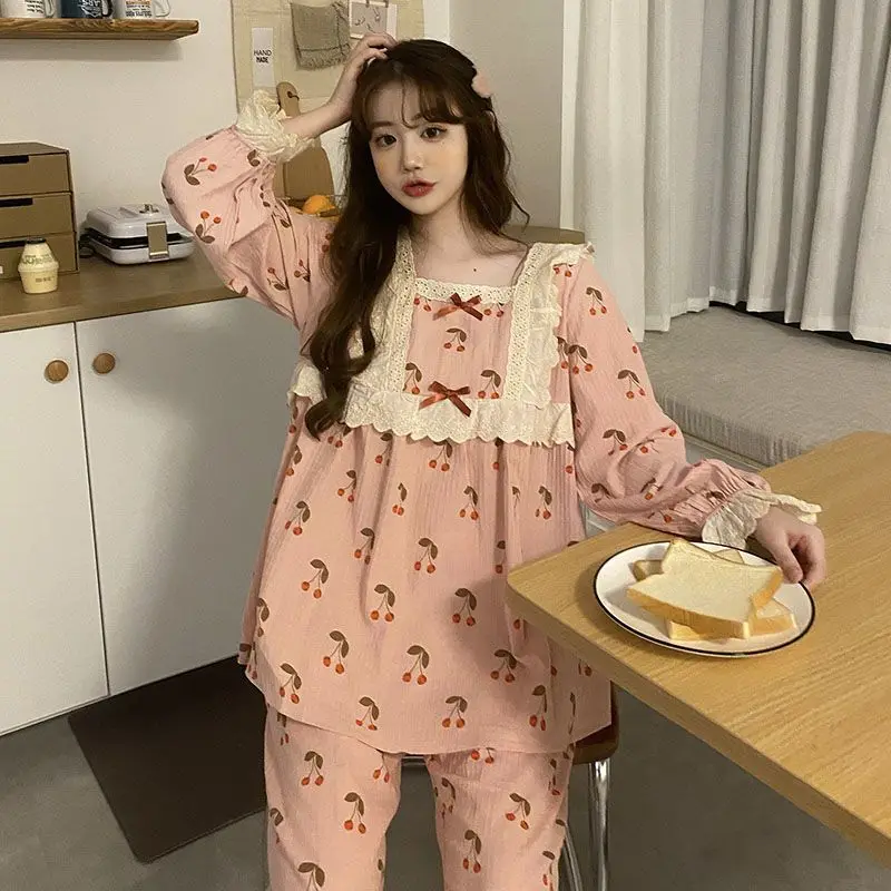 Women Spring Pajamas Korean Lace Pyjamas Long Sleeve Sweet Nightdress Doll Collar Plaid Sleepwear Casual Loose Home Wear Set