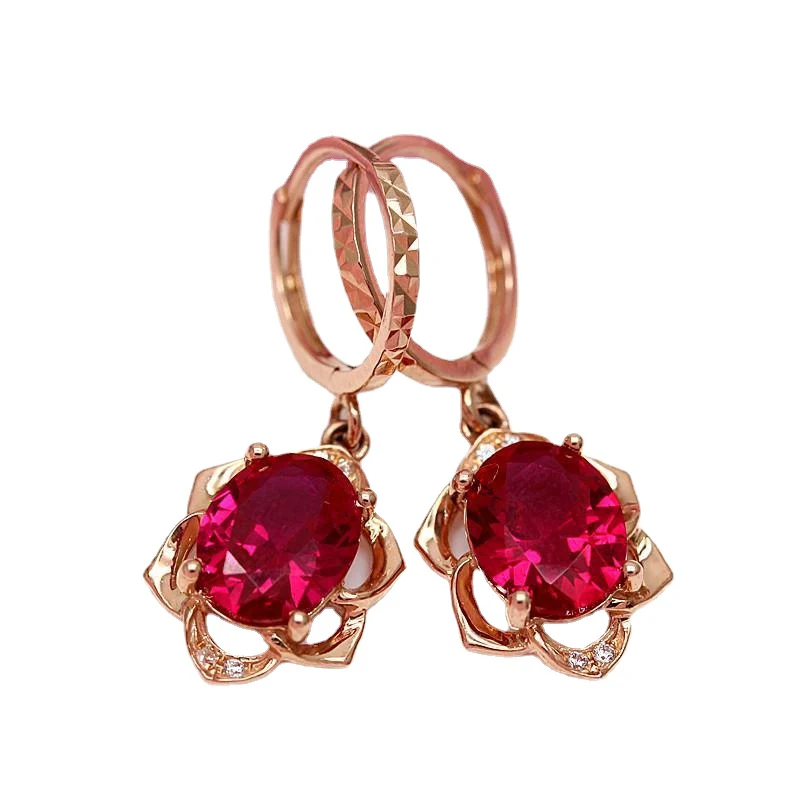 585 Purple Gold Plated 14K Rose Gold Inlaid Ruby Flower earrings