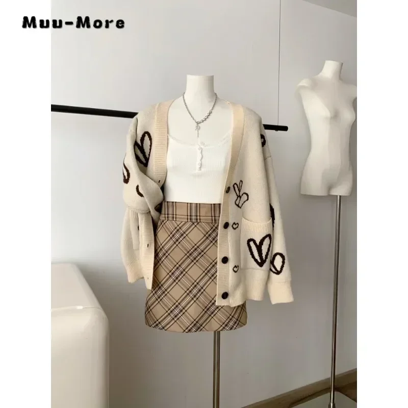 

Женский вязаный кардиган с длинным рукавом, повседневный винтажный однобортный свободный свитер с V-образным вырезом и милым принтом, зима 2023