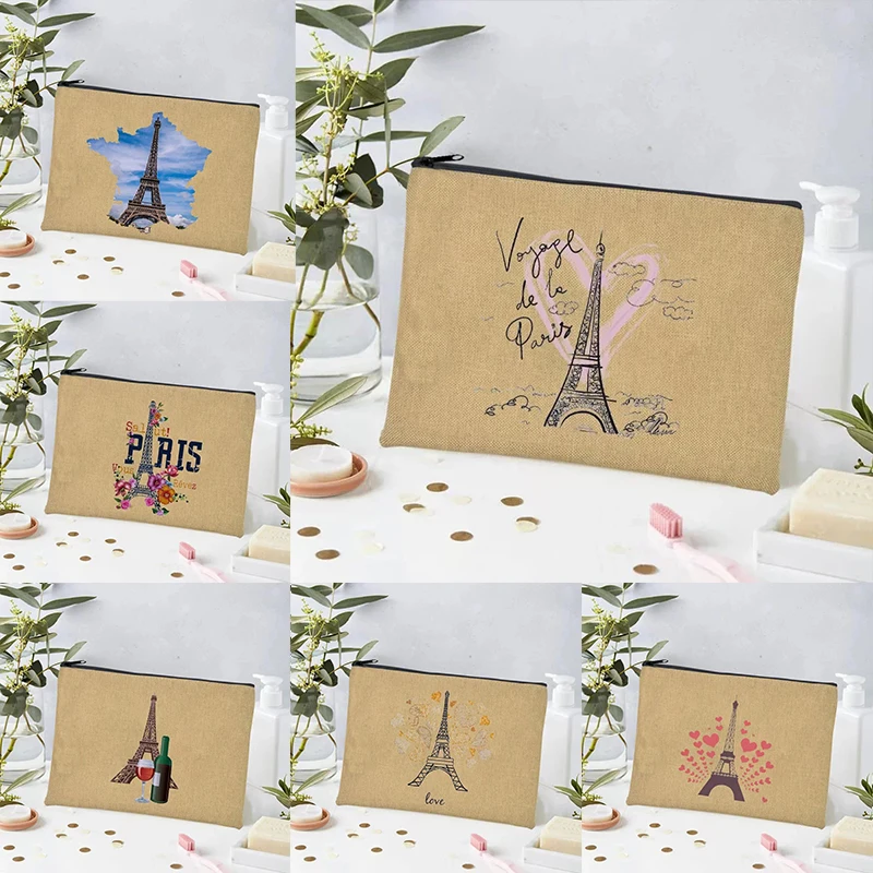 

fashion Paris Eiffel Tower Makeup Bag Travel Neceser Toiletry Organizer Pouch Female Canvas Zipper Cosmetic Bags Best Gift