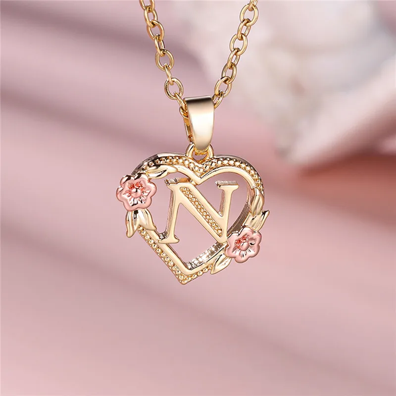 Female A-Z Letter Flower Pendant Necklace Yellow Gold