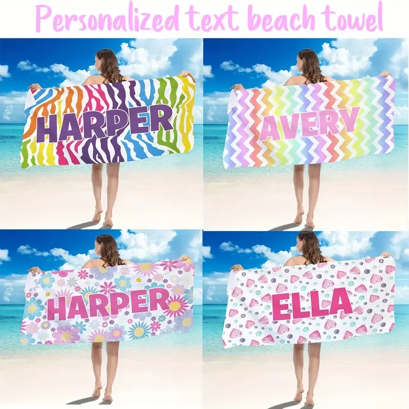 Personalized Flowers Beach Towels Girls Trip Heart Wave Beach Towel With Name Summer Holiday Vacation Pool Camp Gift