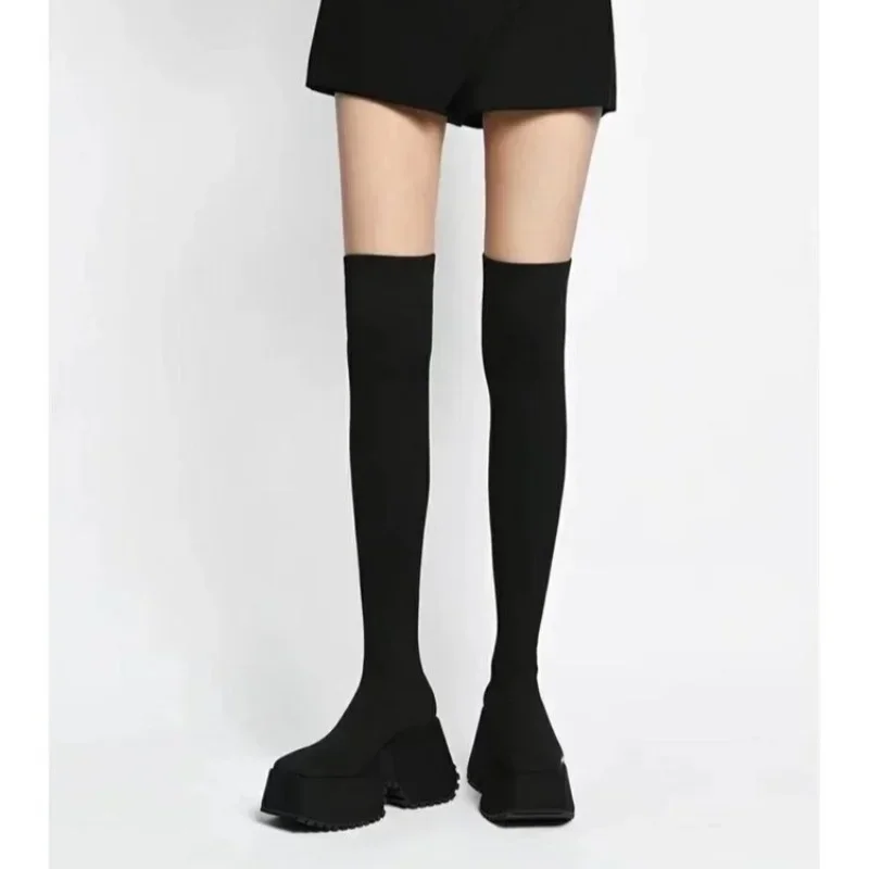 Women's Over The Knee Sock Boots 2023 Winter New Fashion Stretch Thick Heels Knitted Long Boots Women Slip on Platform Shoes