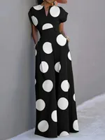 Yeezzi Women's Fashion Polka Dot Wide Leg Jumpsuits Short Sleeve High Waist Loose Fit Pockets Elegant Party Office Overalls - Image 4