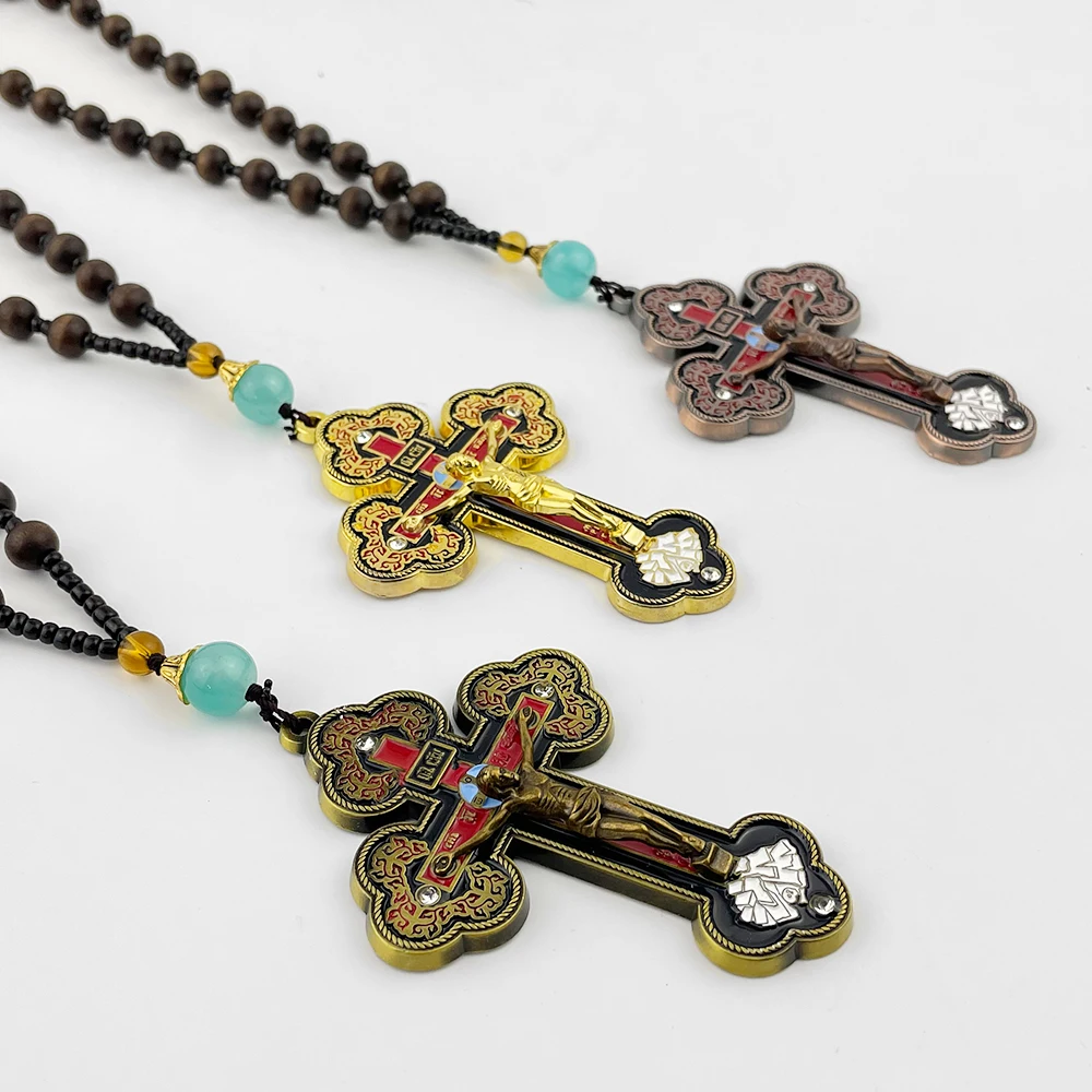 Pectoral Cross Necklace Orthodox Gold Cross Wooden Rosary