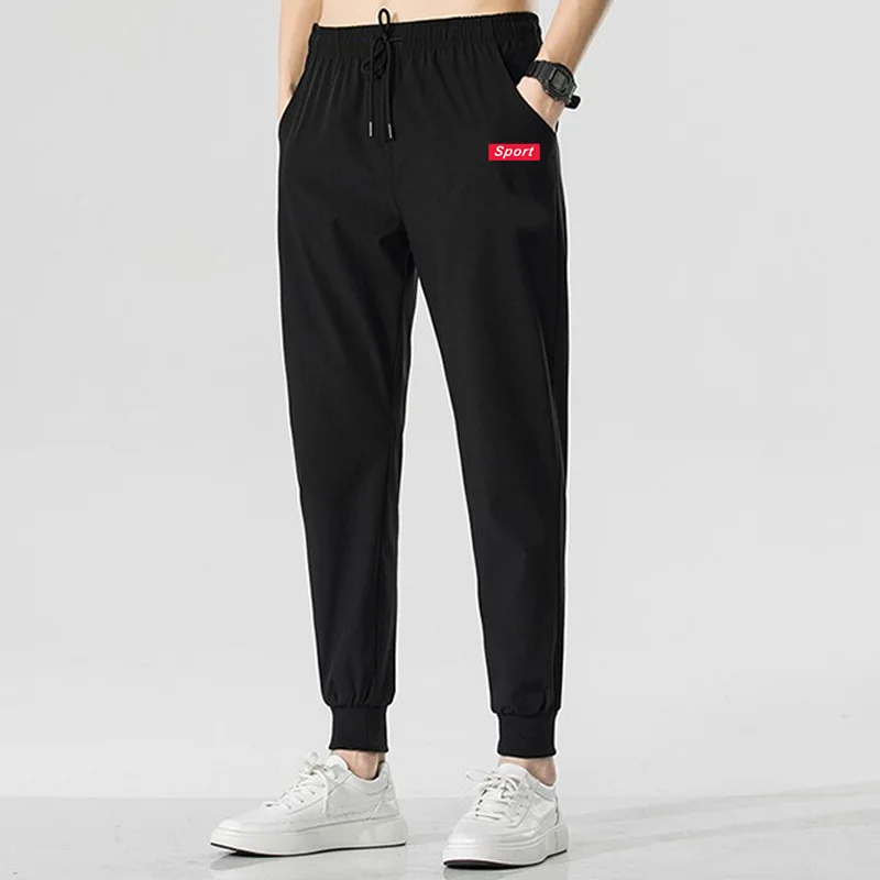 Korean Simplicity Pants Spring Solid Color Men's Elastic High Waisted Drawstring Printed Pockets Loose Straight Casual Trousers