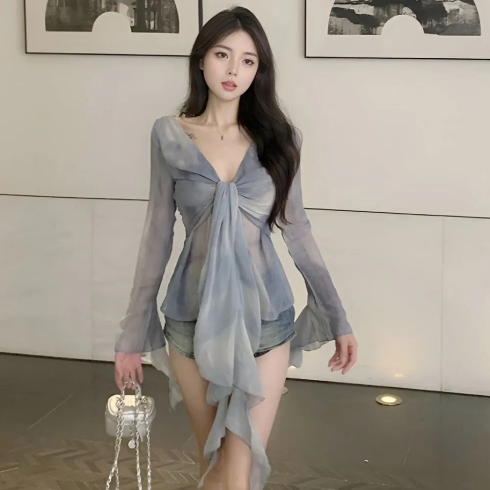 Streetwear Jellyfish Mesh Belt T-Shirt Elf Long Sleeve Pleated Collar Slim Fit Crop Tops Transparent Irregular