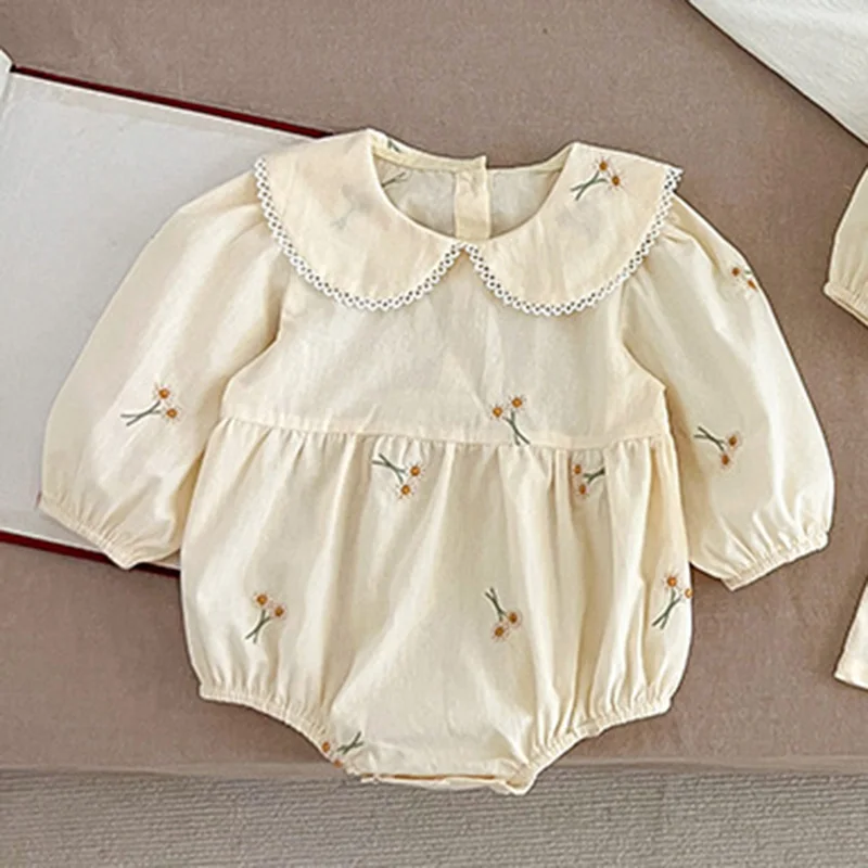 Spring 0-24M Baby Girl Clothing Toddler Baby Girl Romper Embroidery Flower Dots Cotton Romper White Infant Baby Girls Jumpsuit 5
