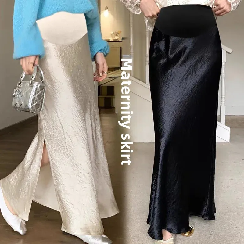 Maternity High Waist Asymmetrical Satin Fish Tail A- Line Skirt Women Summer Fashionable Wrap around Belly Support Skirts