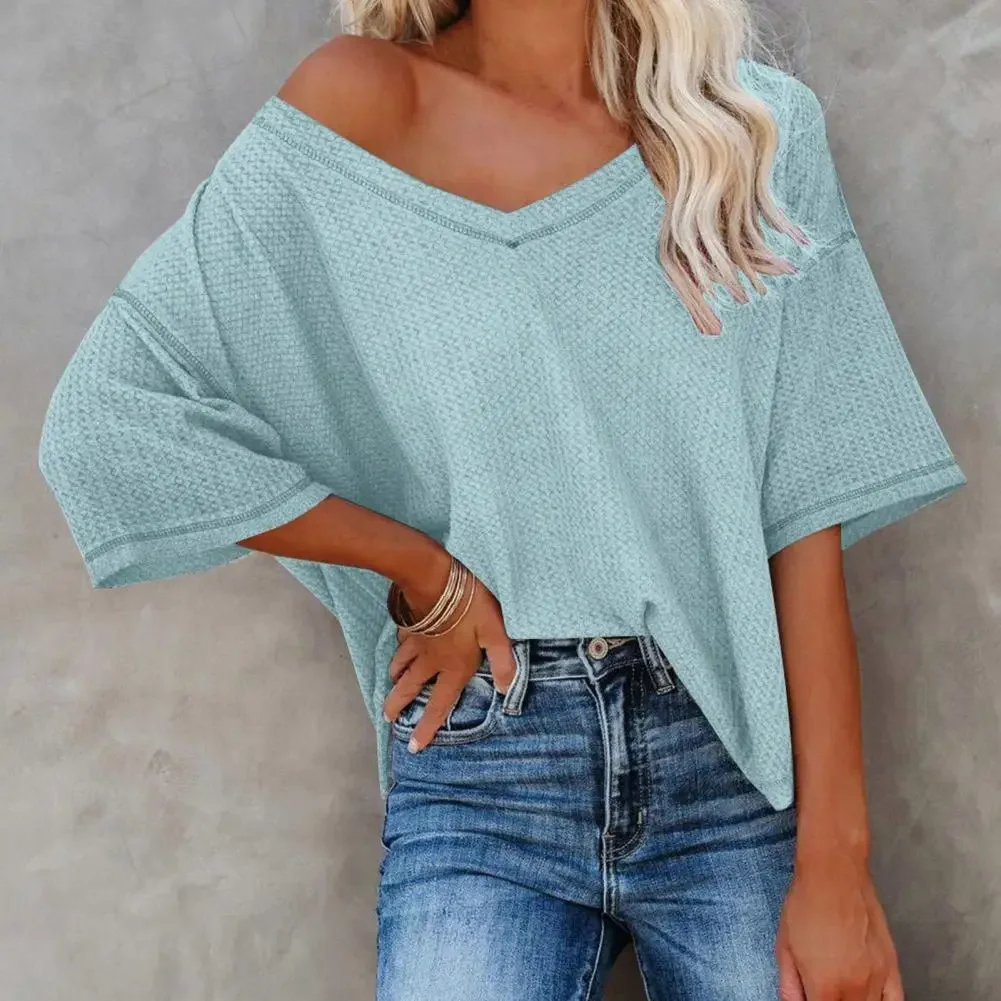 V neck Batwing Short Sleeve Women Tops Waffle Texture Hem Thin Summer Solid Color Loose T shirt Streetwear