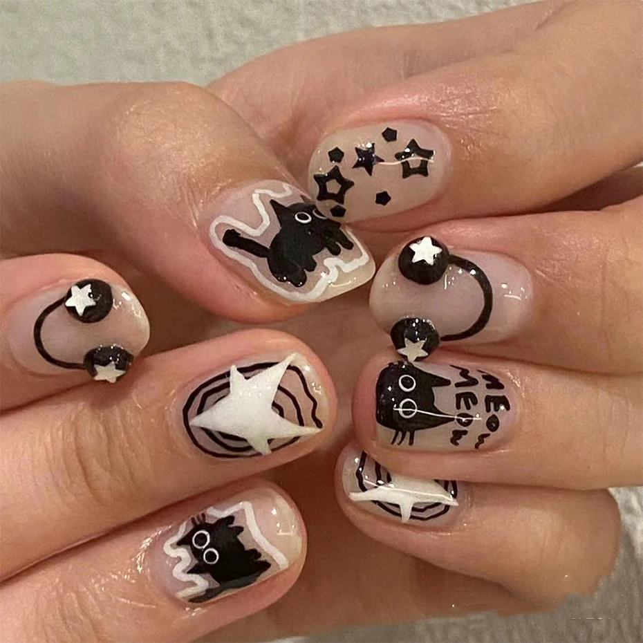 Kawaii Little Black Cat Nail Stickers Cartoon Cute Cat Stars Letters Nail Sliders Y2K Korean Japanese Nail Art Manicure Decors 3
