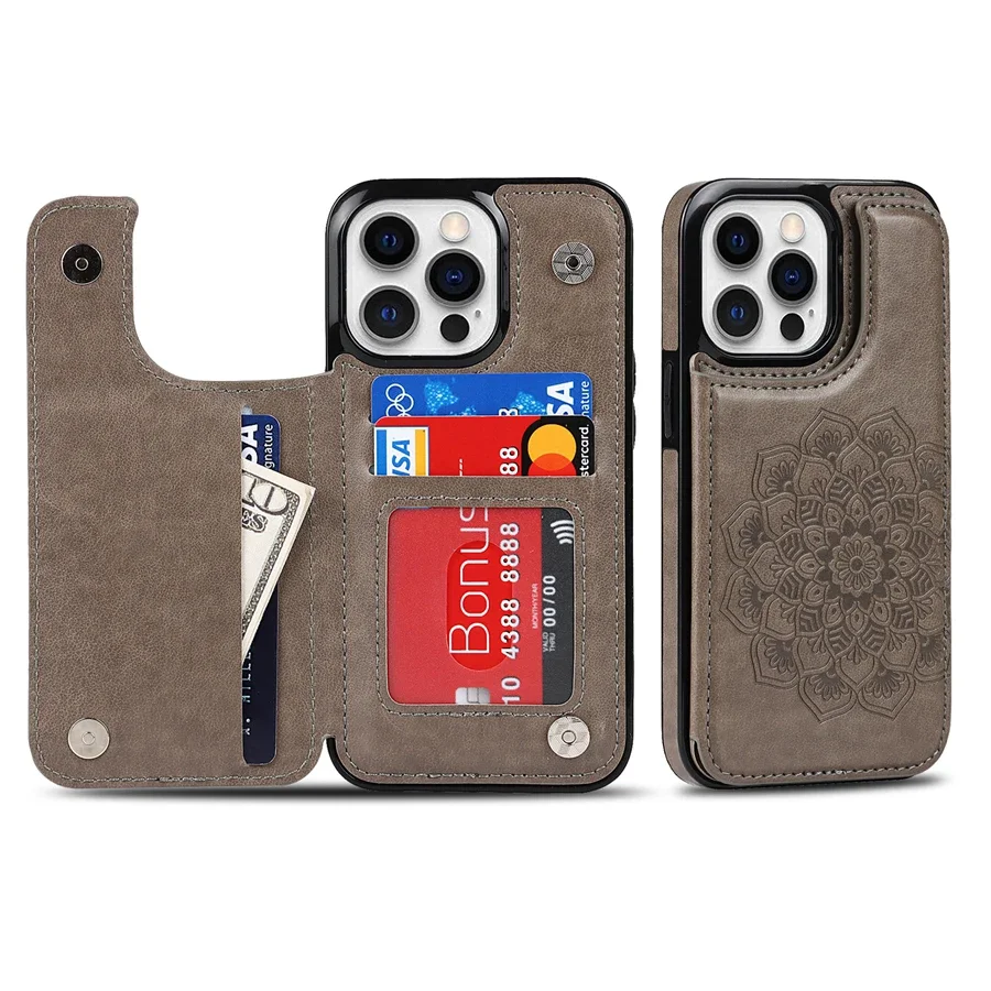 Elegant Datura Double Buckle Leather Wallet Case with Card Slots and Magnetic Flip Closure