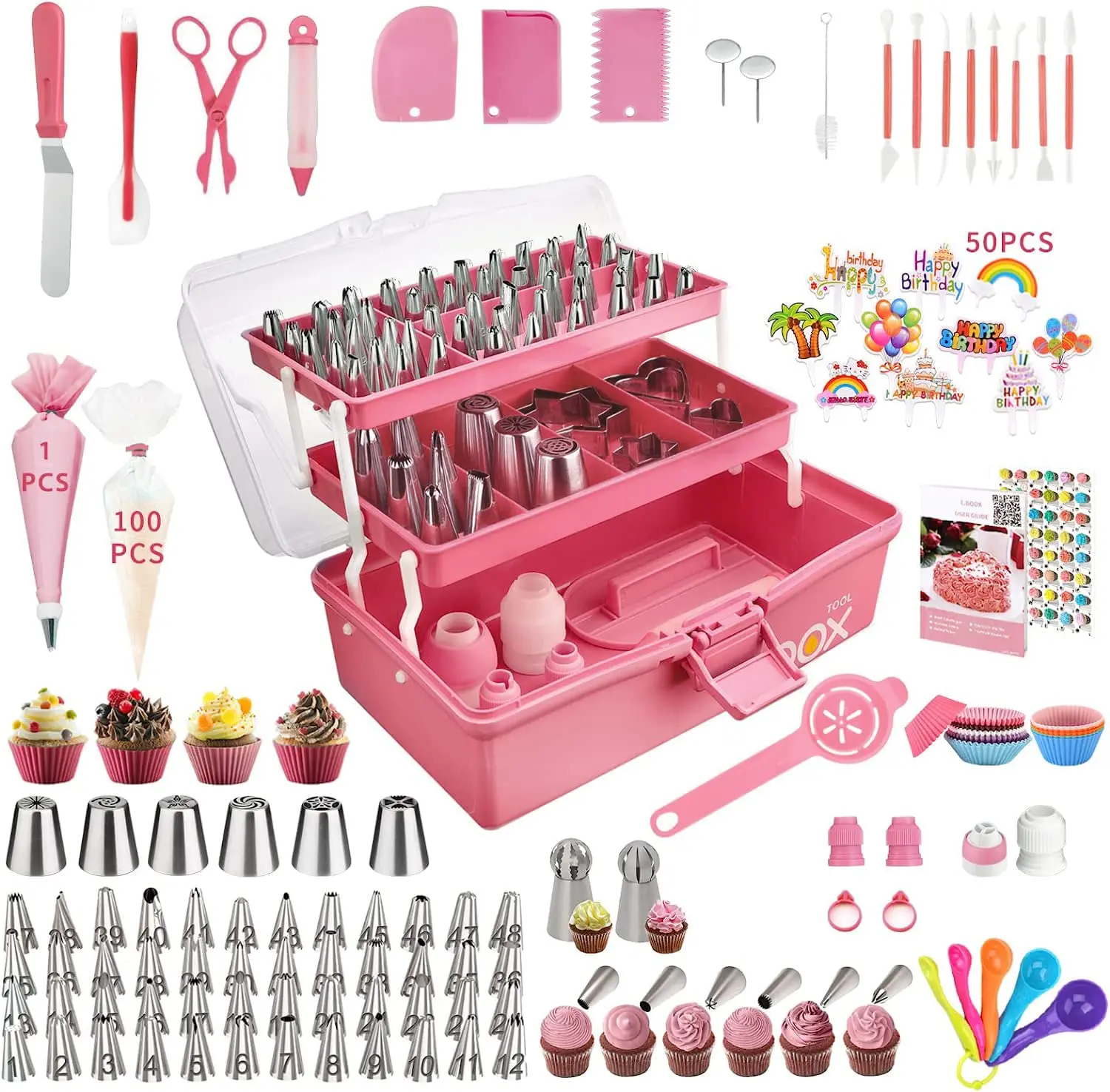 

Pink Cake Decorating Kit - 358pcs Baking Tools with Storage Case, Piping Bags, Icing Tips, Cupcake Cookie Set