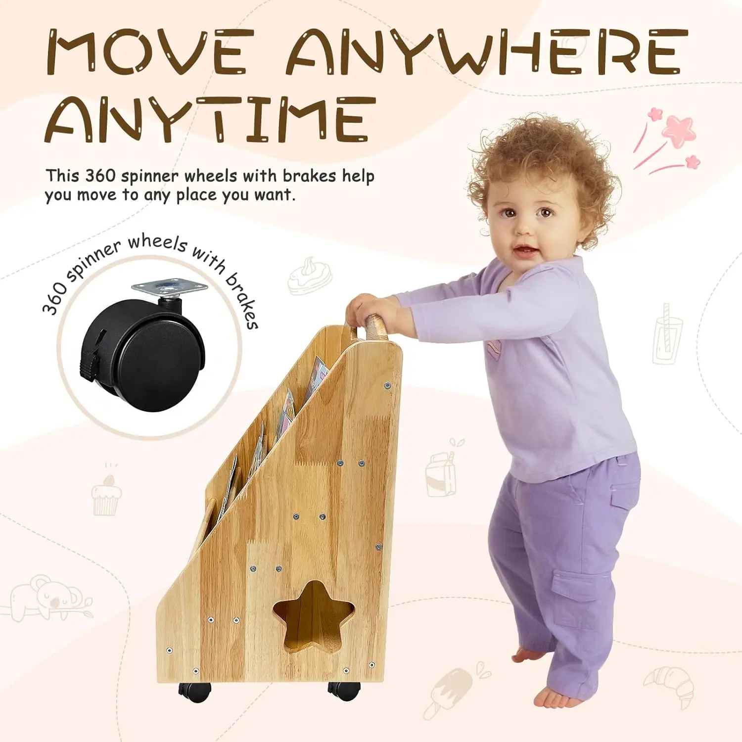 Montessori Bookshelf for Toddler 1-5 Years, 5 Tier Front-Facing Natural Wood Kids Bookcase with Handle and Wheels, Children's 4