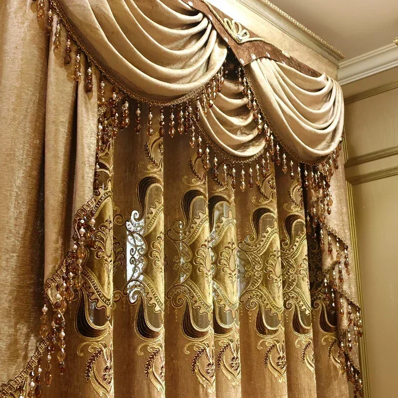 European Style Embroidered Curtains Luxury Thick Chenille Blackout for Living Dining Room Bedroom