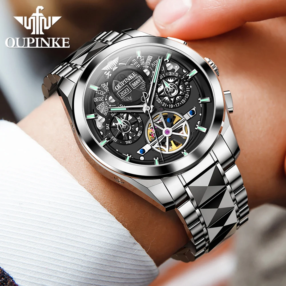 OUPINKE 3233 Men's Watch Hollow Skeleton Automatic Watch For Men 50M Waterproof Sapphire Mirror Date Man Mechanical Wristwatch