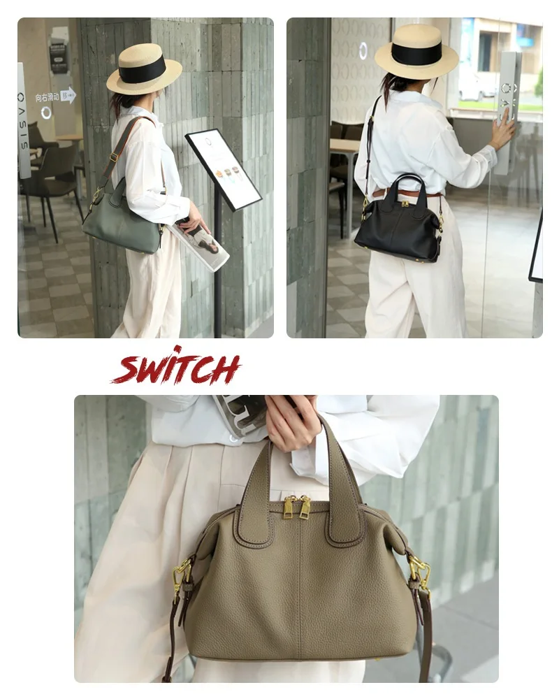 Elegant genuine leather crossbody handbag with shoulder strap and quality details
