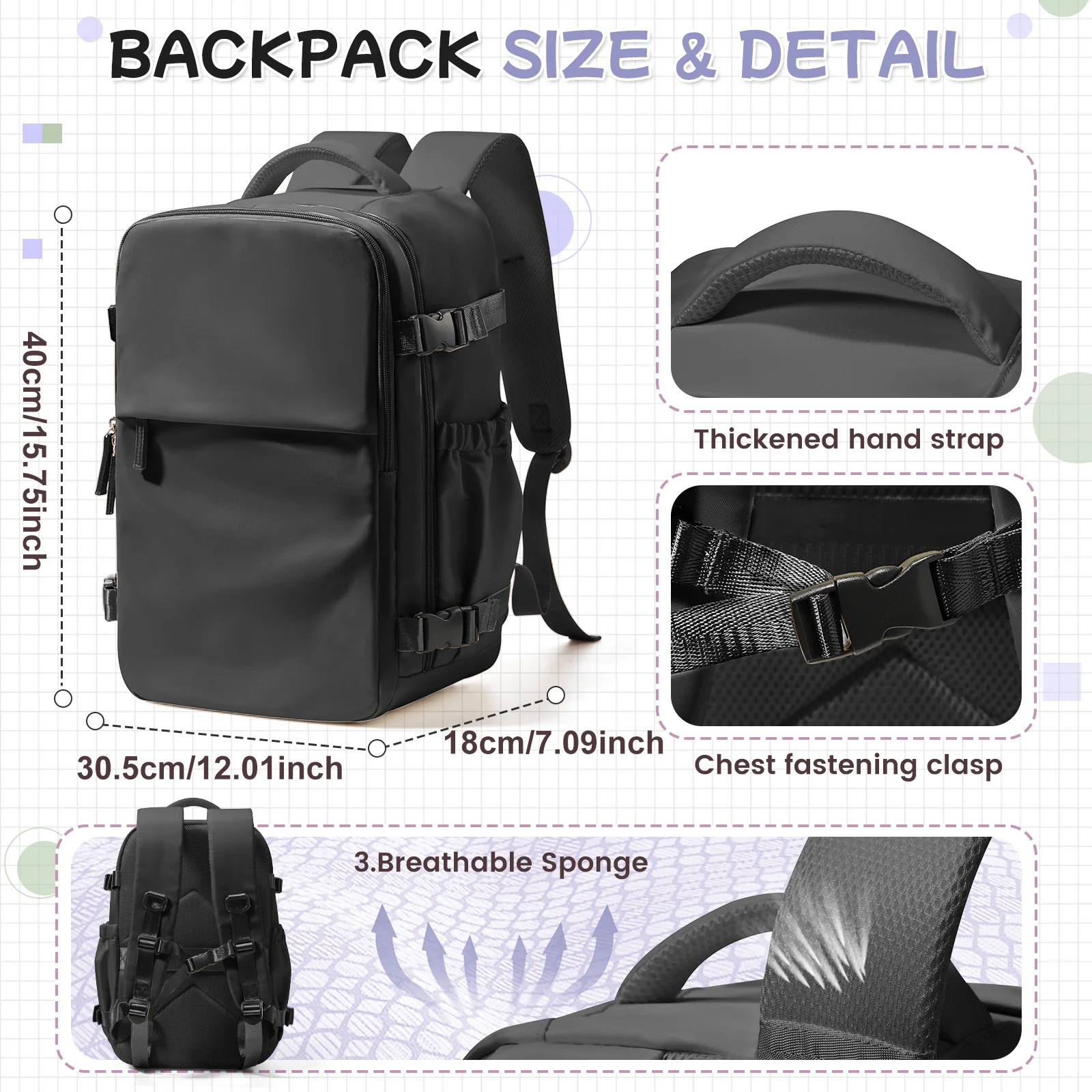 Carry on Luggage Laptop Rucksack Waterproof Travel Backpack College Backpack, Underseat Cabin Bag Wizzair 40x30x20 Travel Bags