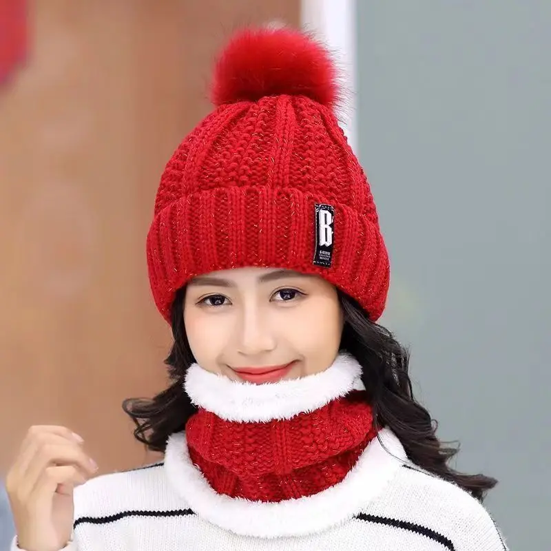 Women Wool Knitted Ski Hat Sets Windproof Winter Outdoor Knit Thick Siamese Scarf Collar Warm Keep Face Warmer Pompoms_voghion.com