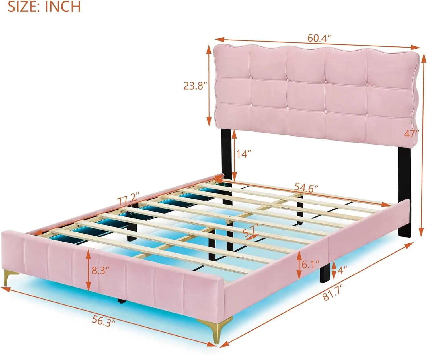 Full Size Velvet Platform Bed with Button Tufting Headboard, Wood Bed Frame with LED and Stylish Metal Bed Legs for Kids Boys 2