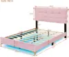 Full Size Velvet Platform Bed with Button Tufting Headboard, Wood Bed Frame with LED and Stylish Metal Bed Legs for Kids Boys 2