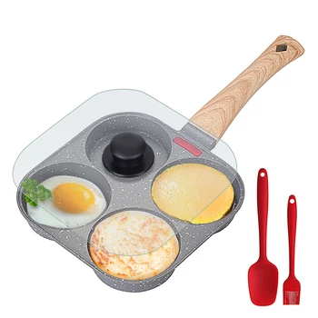 Padella per uova antiaderente da 4 tazze con coperchio ribaltabile Fornello per uova per pancake in alluminio con spatola e spazzola Hamburger Padella per frittata 1