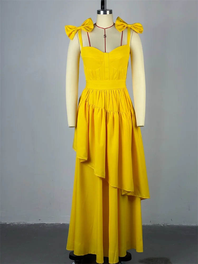 Wmstar Long Dresses Women Bow Halter V Neck Ruffled Swing Yellow Elegant Party Evening Dressnew in Summer Wholesale Dropshipping