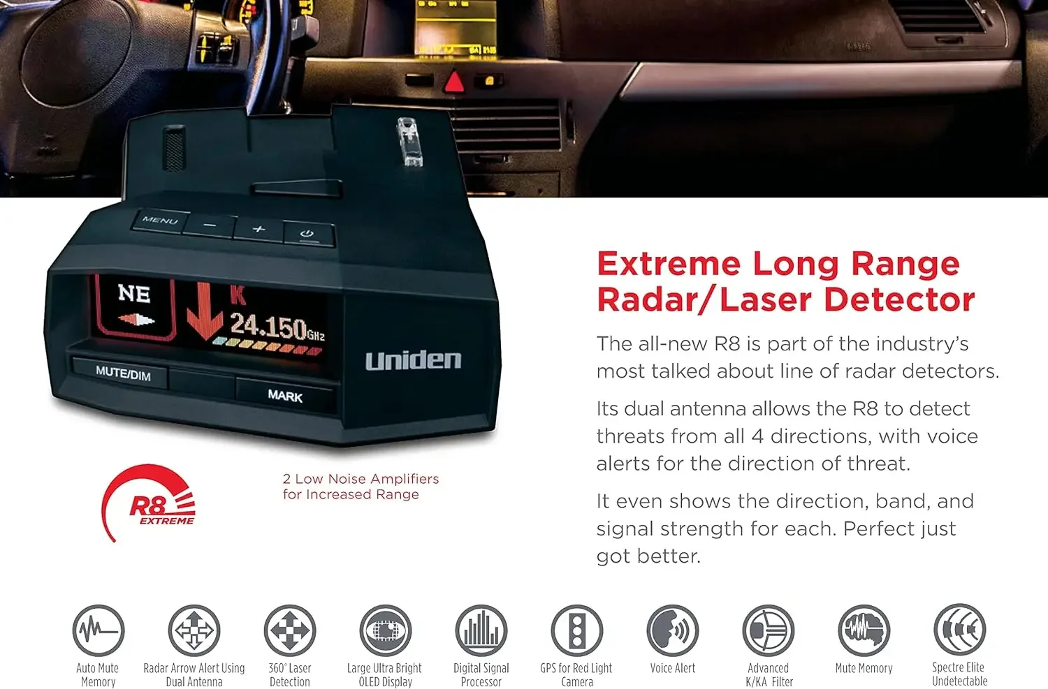 R8 Extreme Long-Range Radar/Laser Detector Dual-Antennas Front & Rear Detection Built-in GPS W/Real-Time Alerts