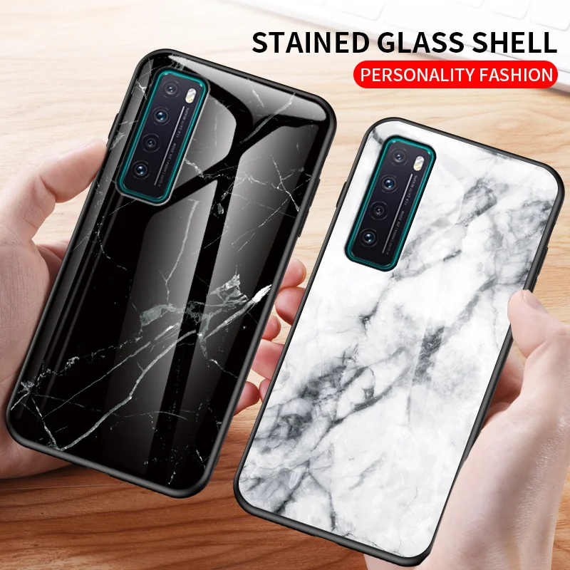 Marble Tempered Glass Hard Back Cover with Silicone Bumper