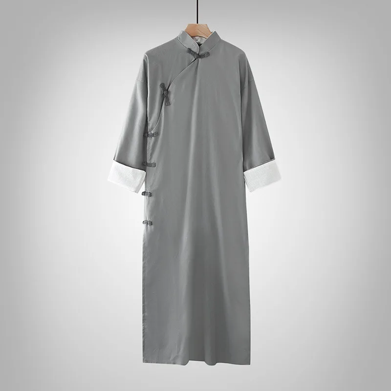 Traditional Chinese Style Dress for Men Cheongsam Hanfu Linen Long Robes Zen Tea Kungfu Tangsuit Performance Cross Talk Costume
