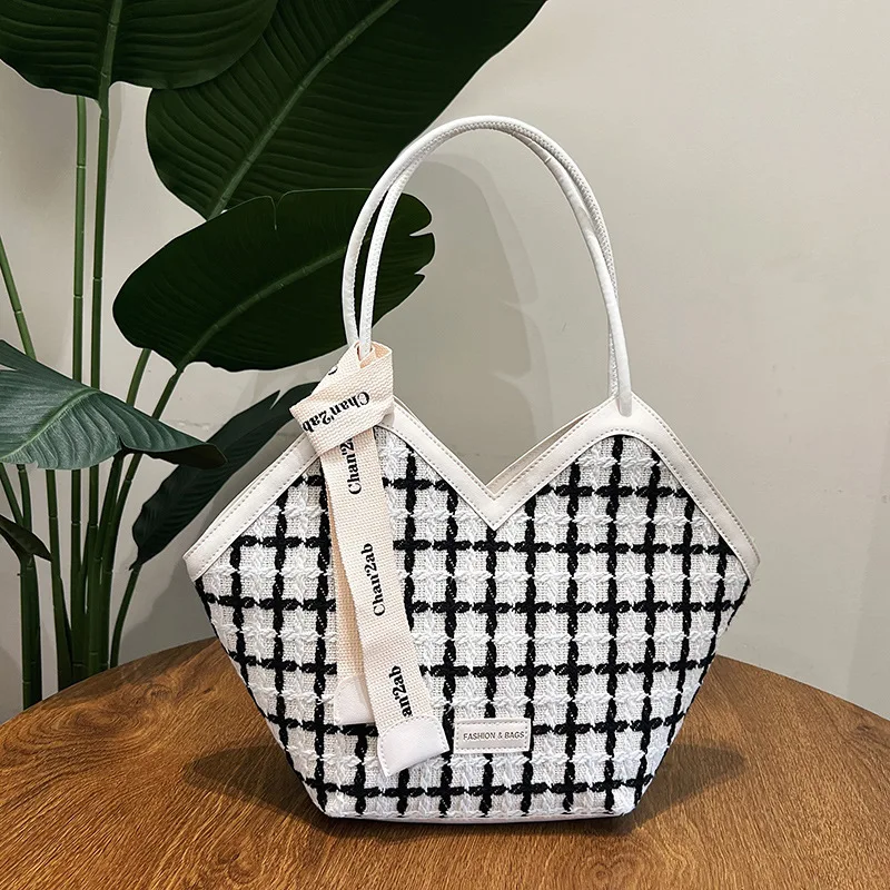 Women's Crinkle-Texture Tote Bag - Plaid Commuter Purse with Large Capacity, Stylish Woven Shoulder Bag for Work & Travel