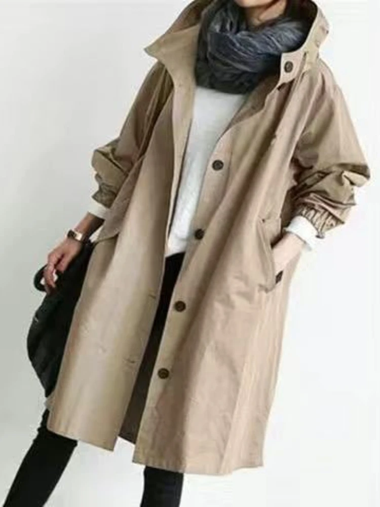 

Trench Coat for Women 2023 Autumn Winter Fashion Solid Color Mid Length Windbreaker Fashion Casual Hooded Coat 7 Colors 9 Sizes