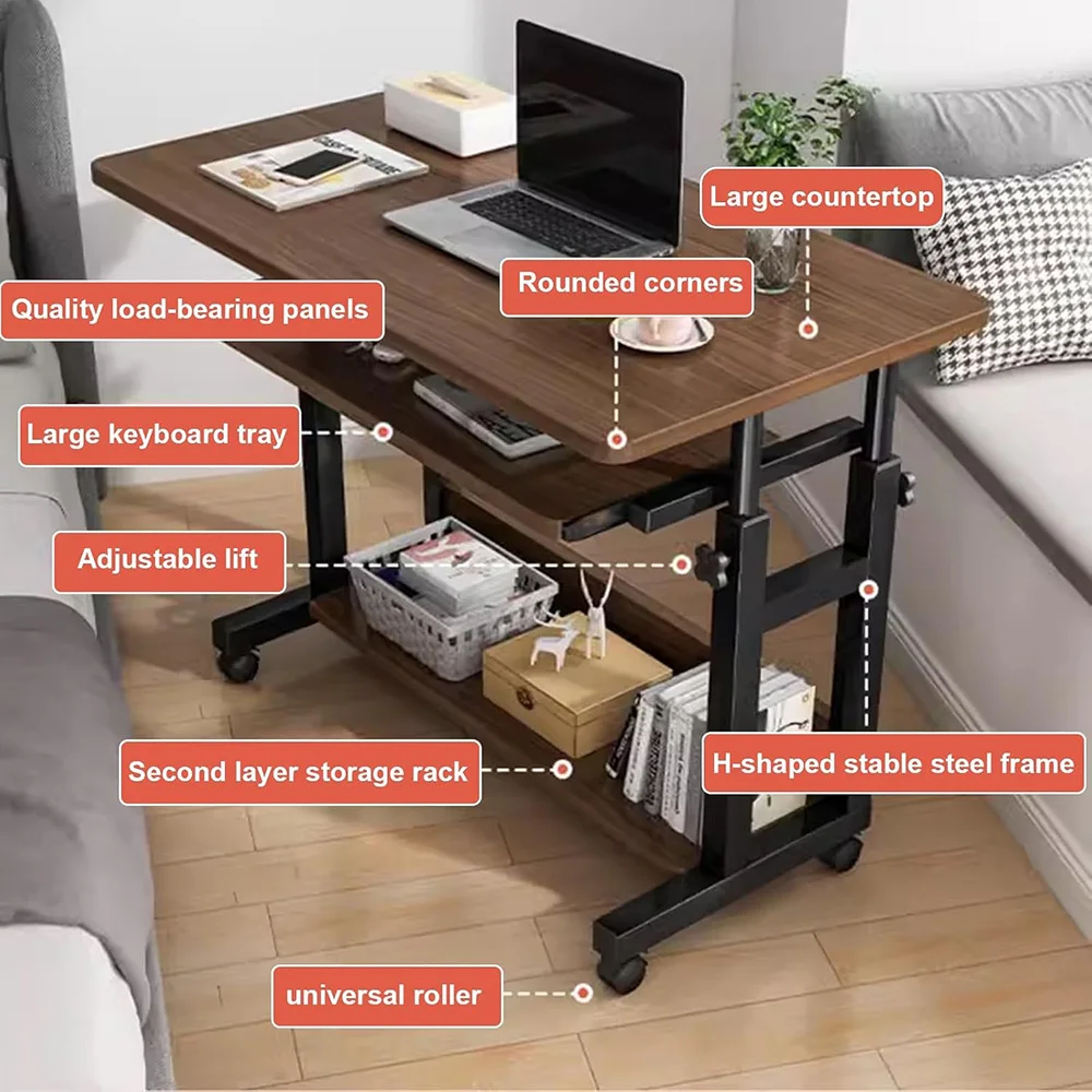 Computer Desk Mobile Small Adjustable Desk Office Desk Wooden Writing with Caster Over Bed Table Adjustable Height