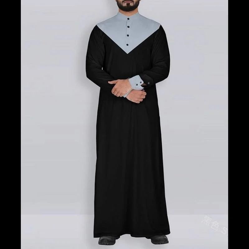 

Fashion New Casual Stand Collar Long Sleeve Button Decoration Contrast Button Loose Muslim Men's Robe