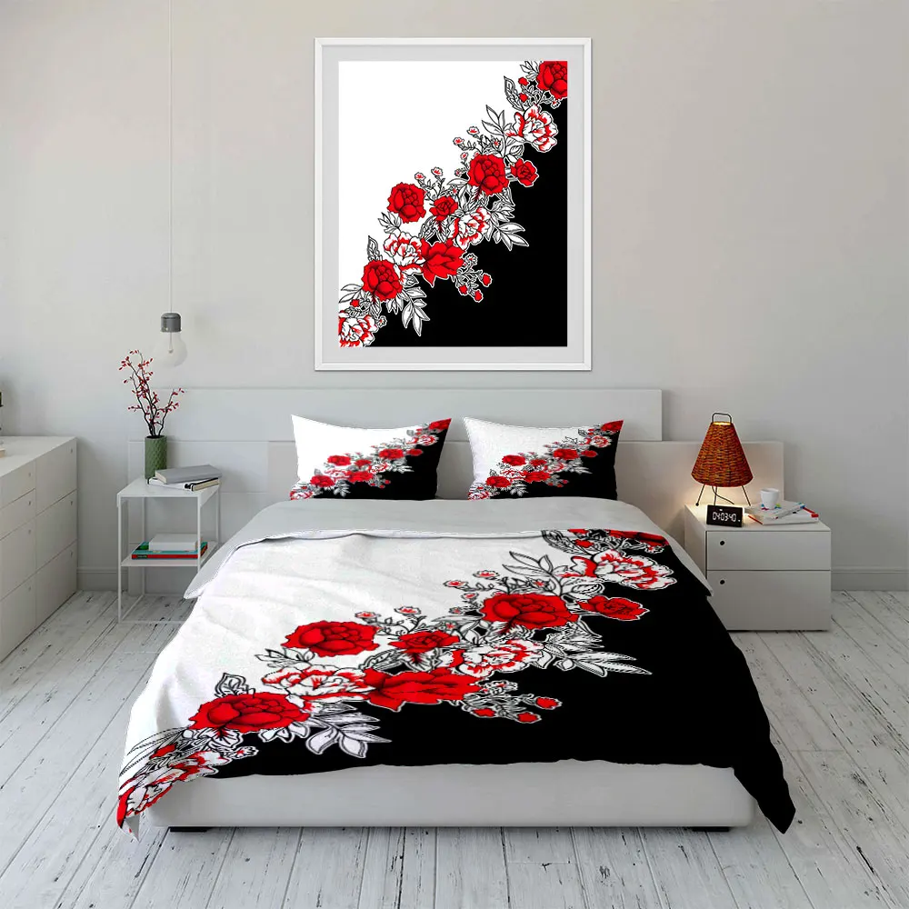 Red flowers with black-and-white background Bedding Set for Kids Luxury Gift 3pcs Digital Print Comforter Set Soft Comfortable 2